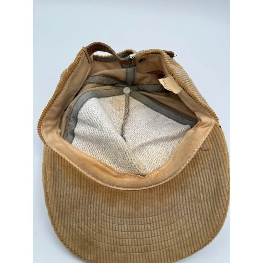 Vintage Vail Corduroy Snapback Hat Tan Leather Strap Cap Made in Taiwan USA